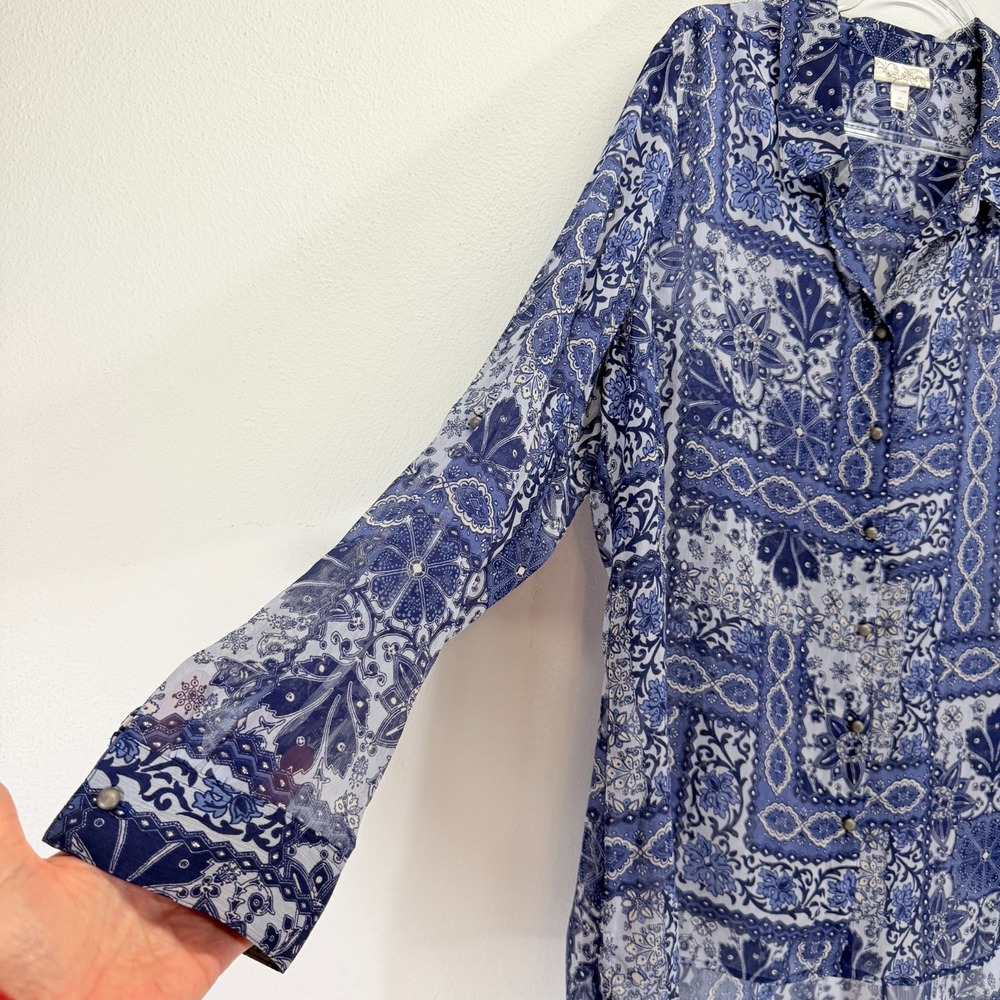 Dressbarn Patchwork Sheer Long Sleeve Button Up Blouse Boho Blue Tunic Size 2X - Picture 2 of 8
